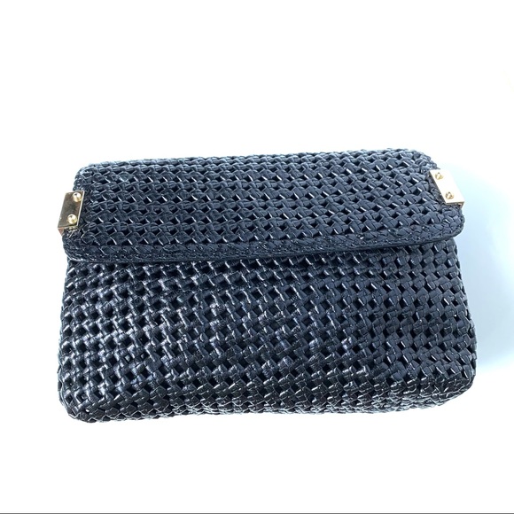 Stuart Weitzman Black Leather Woven Clutch